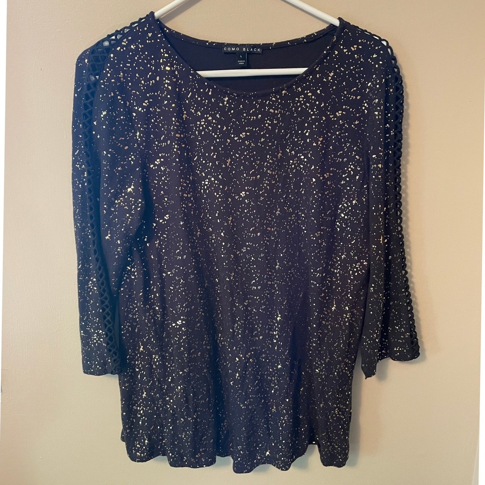 Como‎ Black Womens Lg Gold Foil Splatter Top 3/4 Sleeve Crochet Detail Festive